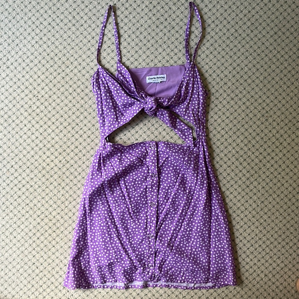 Charlie Holiday purple printed mini dress, front cut-out and tie, size 6